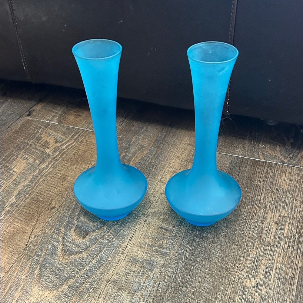 Set of 2 Satin Blue Bud‎ Glass Vases Made in Japan Mid Century Modern